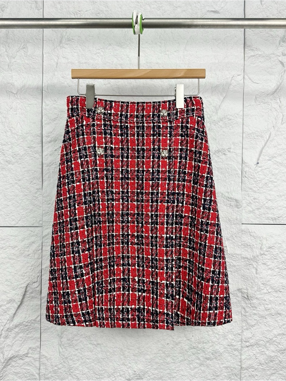 Gucci Red and Black Plaid A-Line Tweed Skirt
